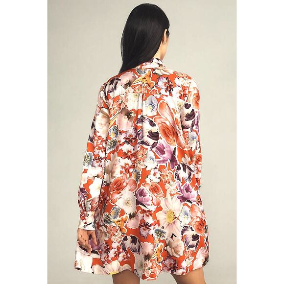 New Anthropologie Maeve Tie-Neck Floral Mini Dress $198 SMALL Pink Motif - Picture 4 of 8